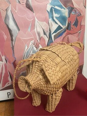 Unique Handwoven Raffia Straw Shoulder Bag w/ Pig-Inspired Shape